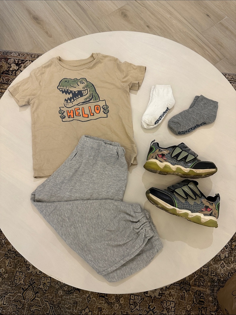 Dinosaur 'Hello' Tee with Grey Joggers & Green Accent Sneakers- bundle